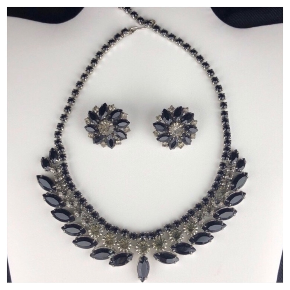 Black Crystal Statement Necklace and Earrings Set